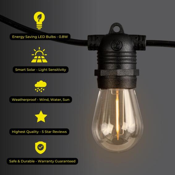 Litehouse 15m Solar LED Festoon Traditional Bulb String Lights - 15 Bulbs