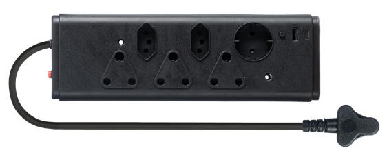 6Way M/plug 3x16A 2xEuro 1xSchuko USB Bk