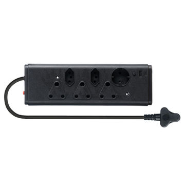 6Way M/plug 3x16A 2xEuro 1xSchuko USB Bk
