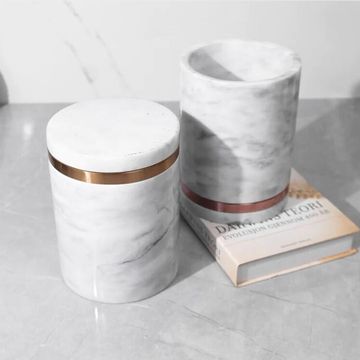 Fine Living Alabaster Canister Brass And White 18Cm