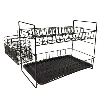 Regent two tier dish drying rack with tray and cutlery basket black 39.5cmx25cmx25cm