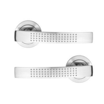 Door handles on round stipple rose satin nickel finish inspire