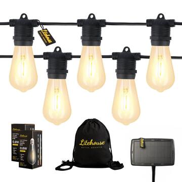 Litehouse 10m solar festoon vintage outdoor bulb string lights  - 10 bulbs -  black