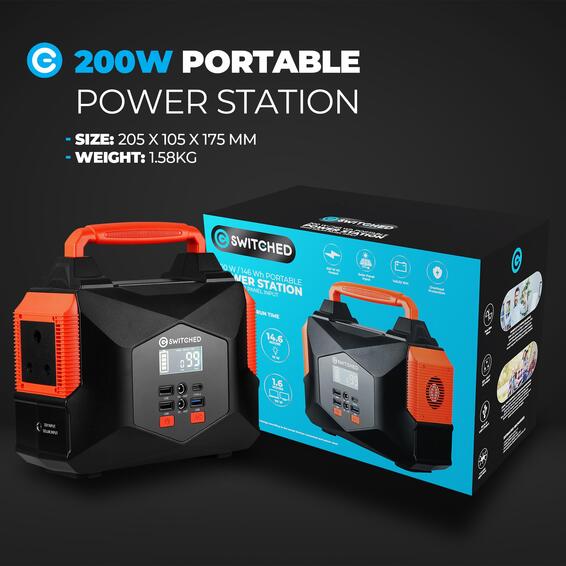 Switched 200w portable power station 166 5wh