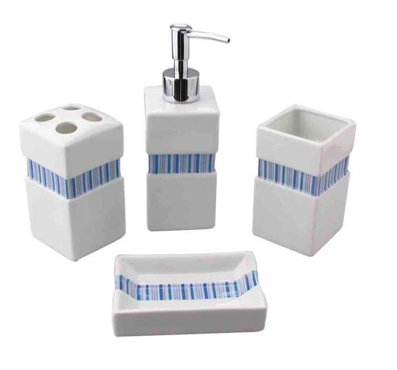 4 piece set self standing ceramic white Blue stripe