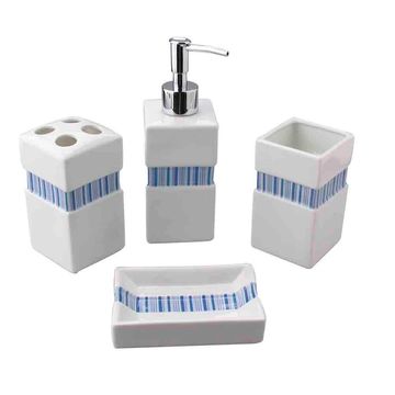 4 piece set self standing ceramic white Blue stripe