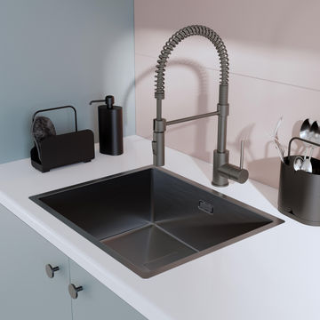 Delinia casual square single bowl with square siphon kitchen sink 55cm gun metal