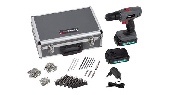 Power Plus Drill Screwdriver 18V  incl. 2 batteries 18V 1.3Ah and charger  153 accessories