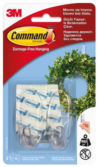 Clear hooks med damage-free hanging 2 hooks, 4 strips command 3M