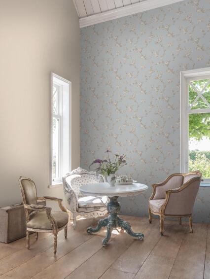 Wallpaper non-woven floral white & blue 10.05m