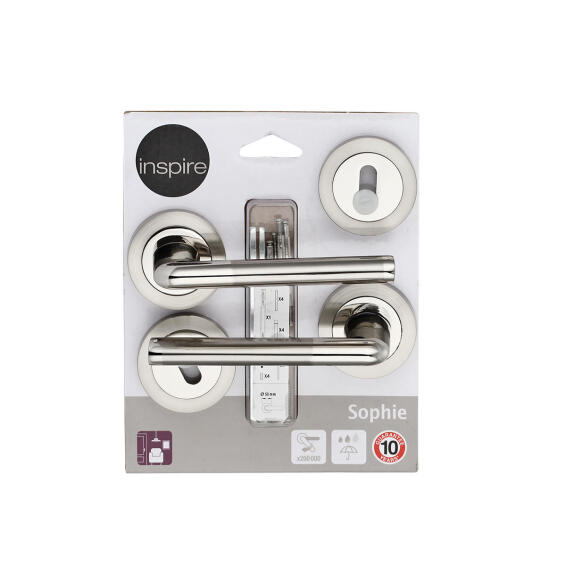 Door handles on round rose cylinder key entry satin nickel finish