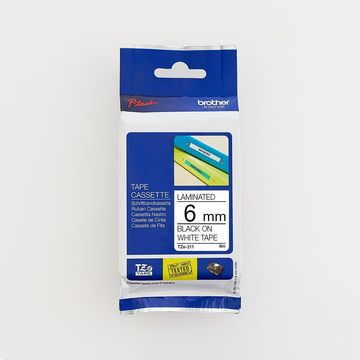 Brother TZE-211 Laminated Label Tape, 6mm, Black on White