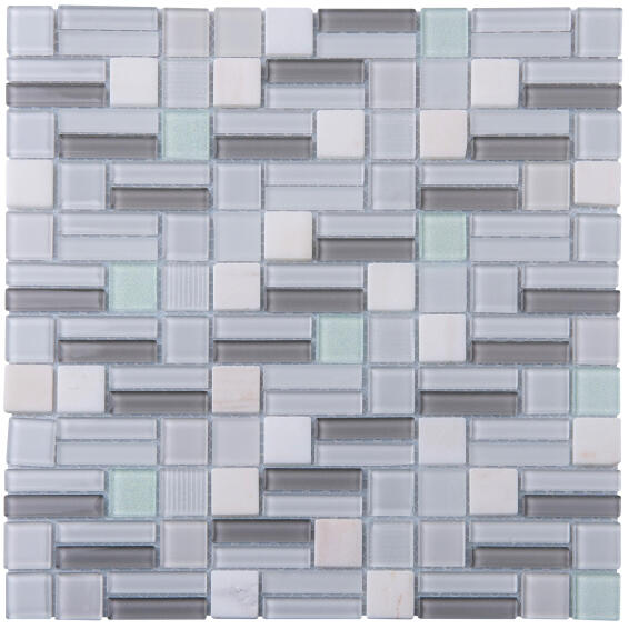 Mosaic glass & stone tile white mix 300x300mm