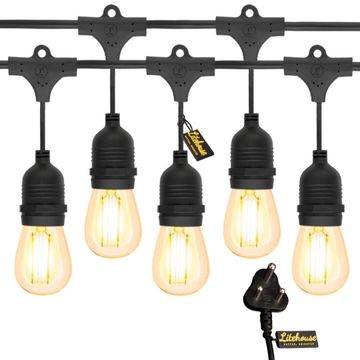 Litehouse plug in led festoon outdoor bulb string lights - black - 10 bulbs - warm white - 10m