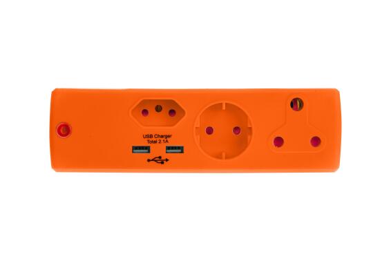 Multi-plug with schuko 1x3 & 1x2 pin 2 USB ports orange