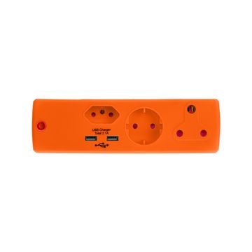 Multi-plug with schuko 1x3 & 1x2 pin 2 USB ports orange