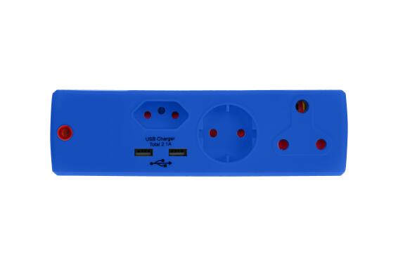 Multi-plug with schuko 1x3 & 1x2 pin 2 USB ports blue