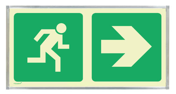 Green arrow horizontal & man running sign photoluminescent 380x190mm