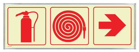 Fire extingusher, fire hose & red arrow sign photoluminescent 2 sided