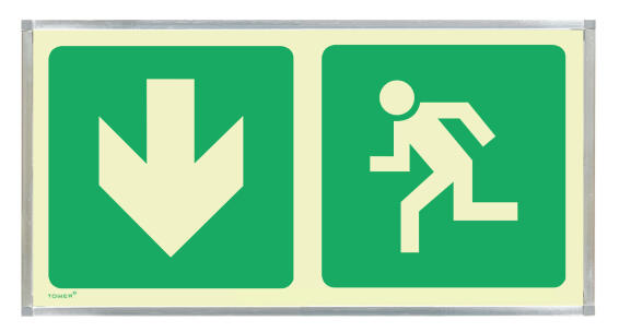 Green arrow down & man running sign photoluminescent 380x190mm