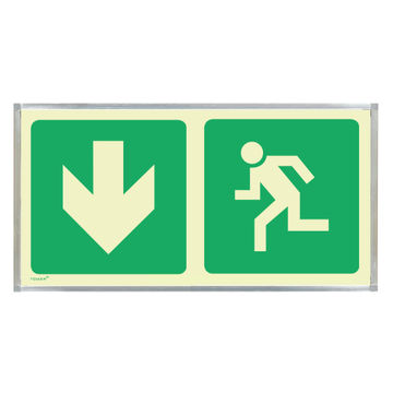 Green arrow down & man running sign photoluminescent 380x190mm