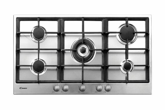Candy Kitchen 5 Burner Gas Stove 90Cm 5 Burner Inox Cast Iron Grids Silver
