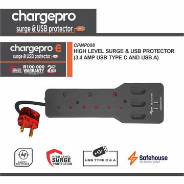 CHARGEPRO 6 HIGH LEVEL SURGE & USB PROTECTOR (3.4 AMP USB TYPE C AND USB A)