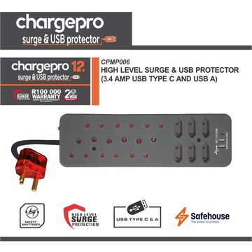 CHARGEPRO 12 HIGH LEVEL SURGE & USB PROTECTOR (3.4 AMP USB TYPE C AND USB A)
