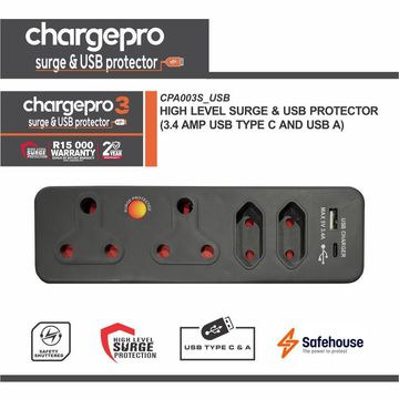 CHARGEPRO 3 HIGH LEVEL SURGE & USB PROTECTOR (3.4 AMP USB TYPE C AND USB A)