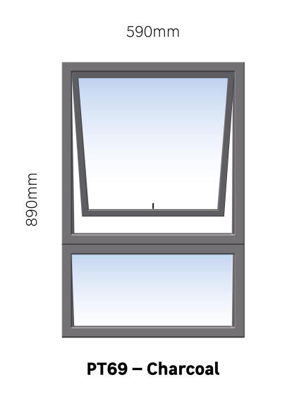 TOP HUNG ALUMINIUM WINDOW CHARCOAL PT69 1 VENT W600MM x H900MM