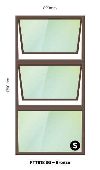 TOP HUNG ALUMINIUM WINDOW BRONZE PTT918 2 VENT W900MM x H1800MM