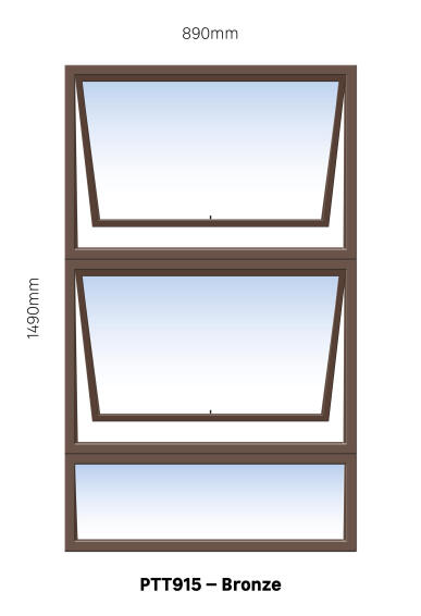 TOP HUNG ALUMINIUM WINDOW BRONZE PTT915 2 VENT W900MM x H1500MM