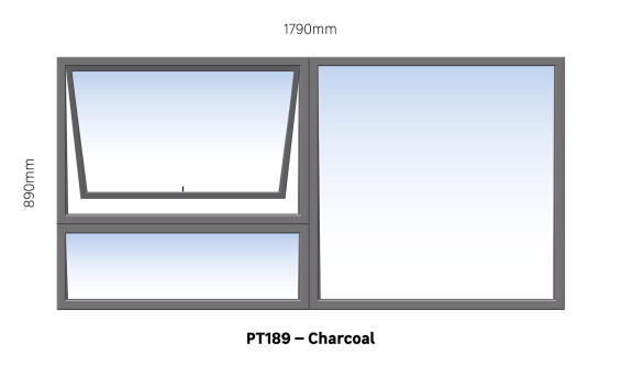 TOP HUNG ALUMINIUM WINDOW CHARCOAL PT189 1 VENT W1800MM x H900MM