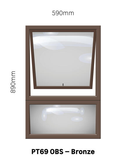 TOP HUNG ALUMINIUM WINDOW BRONZE WITH OBSCURE GLASS PT69 1 VENT W600 x H900MM