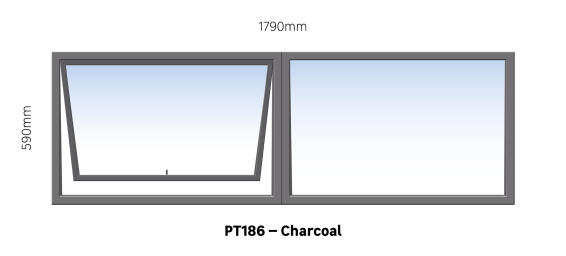 TOP HUNG ALUMINIUM WINDOW CHARCOAL PT186 1 VENT W1800MM x H600MM