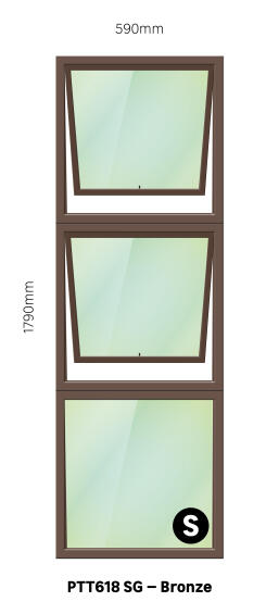TOP HUNG ALUMINIUM WINDOW BRONZE PTT618 2 VENT W600MM x H1800MM