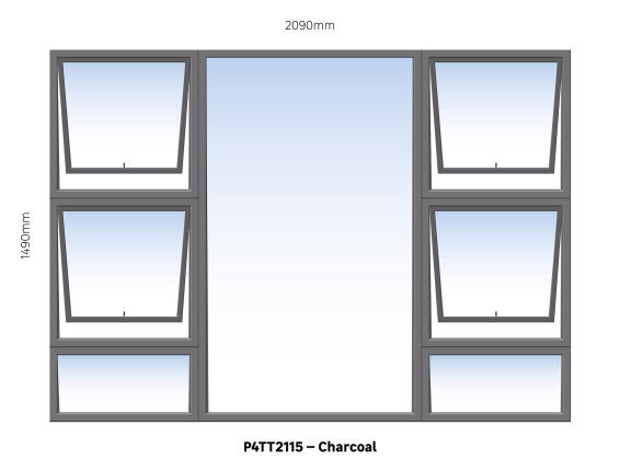 TOP HUNG ALUMINIUM WINDOW CHARCOAL PTTTT2115 4 VENT W2100MM x H1500MM