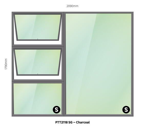 TOP HUNG ALUMINIUM WINDOW CHARCOAL PTT2118 2 VENT W2100MM x H1800MM