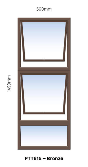 TOP HUNG ALUMINIUM WINDOW BRONZE PTT615 2 VENT W600MM x H1500MM
