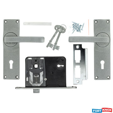 Lockset with handles key entry aluminium satin chrome 2 lever fort knox