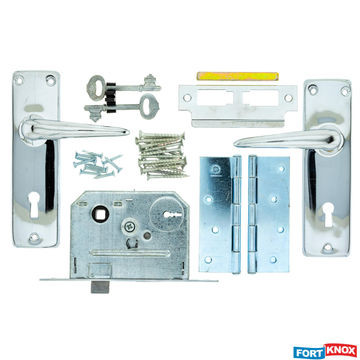 Lockset with handles key entry chrome plated 2 lever with hinges fort knox