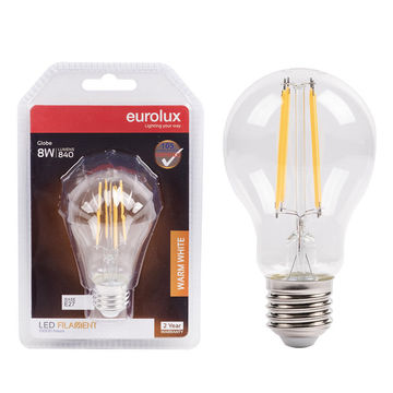 Eurolux a60 filament bulb clear 8w led e27 3000k