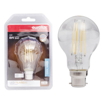 Eurolux a60 filament bulb clear 8w led b22 4000k n