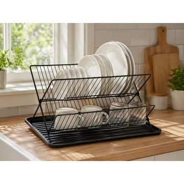 2Tier Foldable Dish Rack with Drainer Black