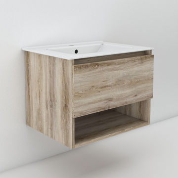 Wall hung bathroom cabinet with 1 drawer and shelf oak w61cmxd47cmxh45cm