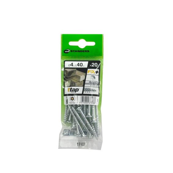 CHIPBOARD SCREW FLAT COUNTERSUNK TTAP, STEEL WZP+CR3+SEAL+WAX, 4X40, 20P