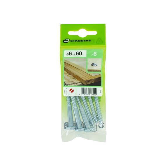 V12 WOODSCREW ROUND HEAD SLOTTED DRIVE STEEL WHITE ZINC PLATED FREE FROM CHROMIUM-VI 6X60 - 6 PIECES