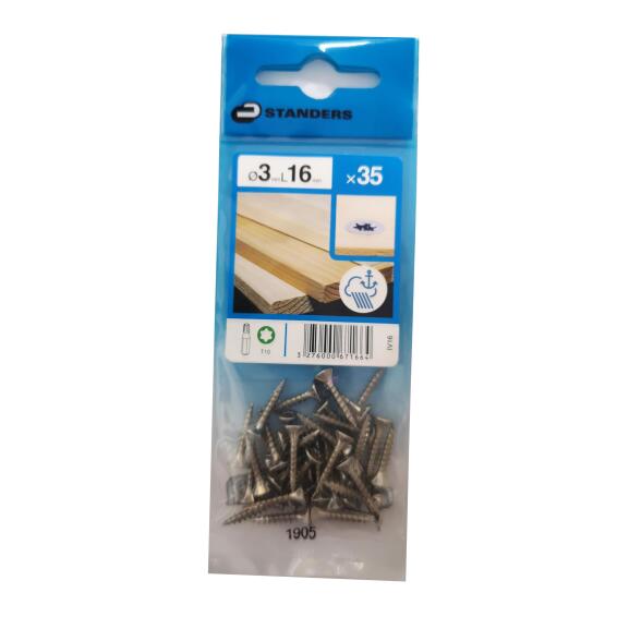 CHIPBOARD SCREW FLAT COUNTERSUNK TORX DRIVE,WITH 6 RIBS,TYPE17, STAINLESS STEEL 316 A4, 3X16, 35PCS, P1