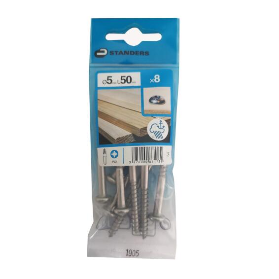 WOOD SCREW ROUND HEAD POZIDRIVE, STAINLESS STEEL 316 A4, 5X50, 8PCS, P1