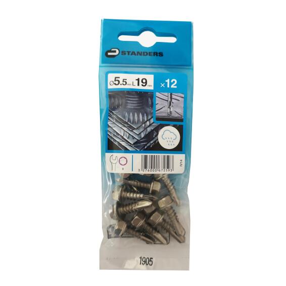 SELF-DRILLING TAPPING SCREW HEXAGON HEAD, STAINLESS STEEL C1, 5.5X19, 12PCS, P1